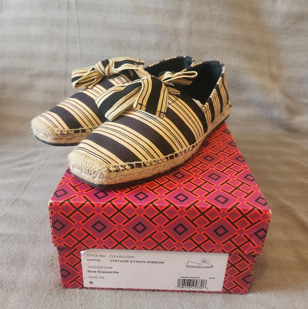 Tory Burch Vintage Stripe Ribbon Bow Espadrille flats Sz 8